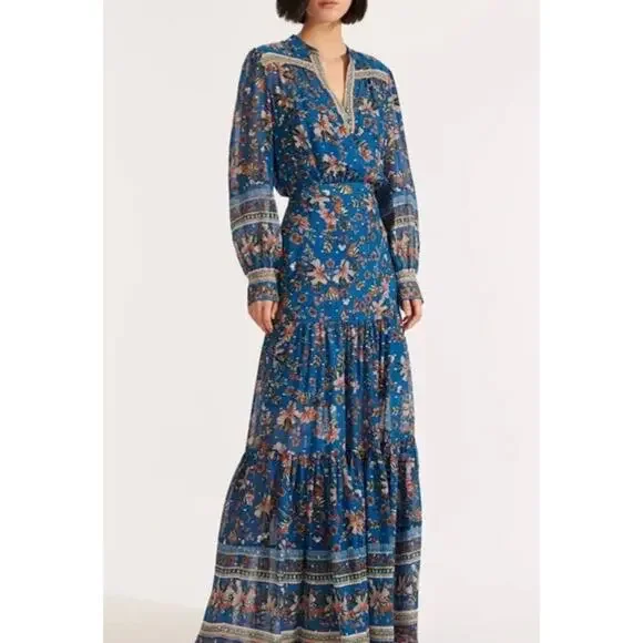 Veronica Beard Sama Silk Maxi Dress 4 Paisley Floral Blue Boho Romantic Western - Picture 5 of 11